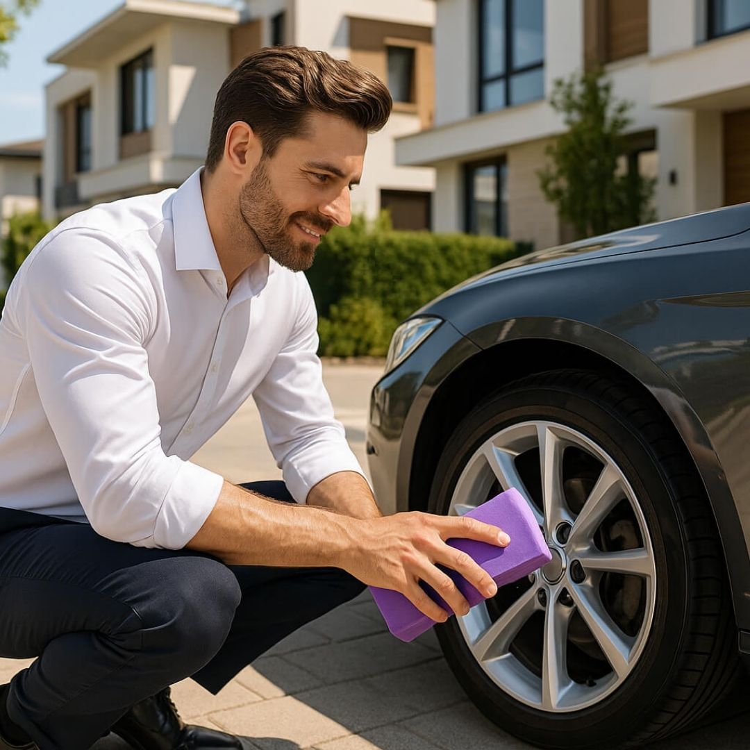 homme jante voiture eponge lustrage