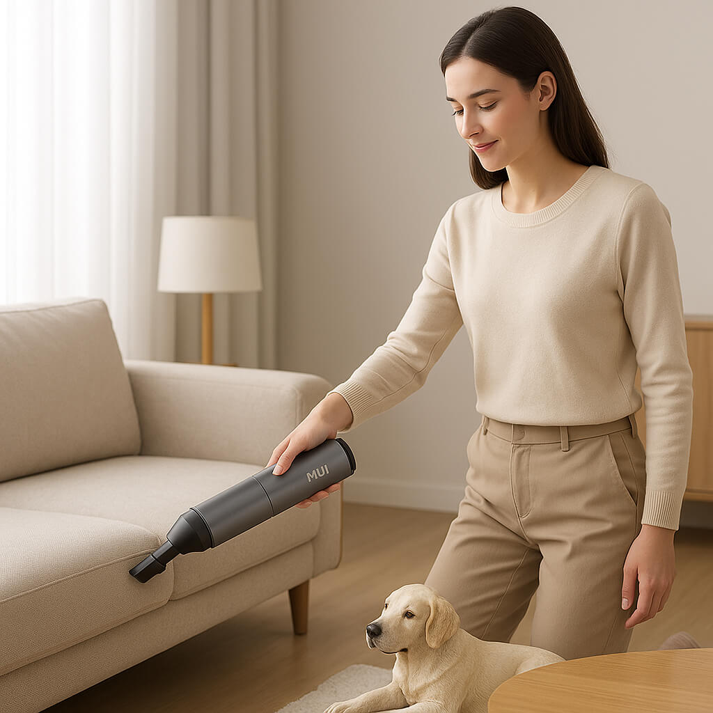 mini aspirateur femme chiot aspiration canape beige