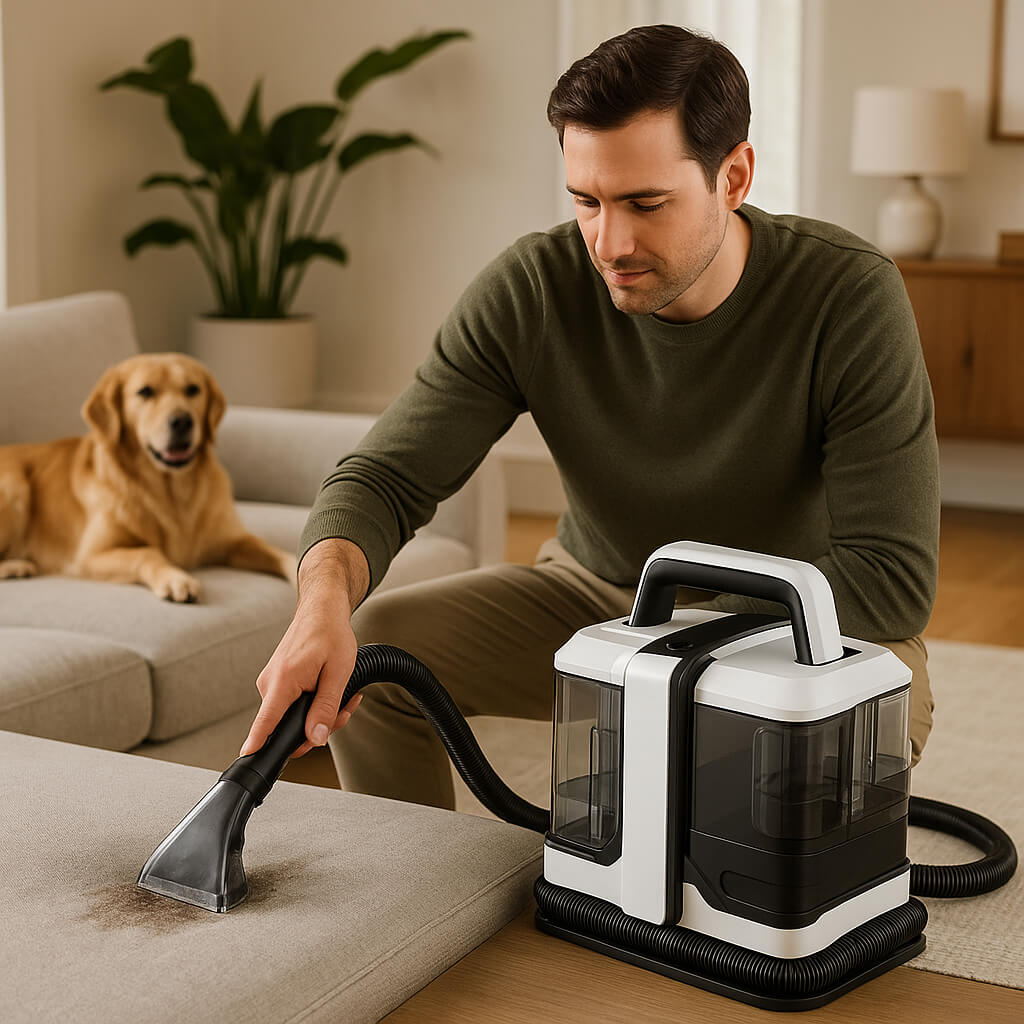 nettoyeur vapeur canape chien homme nettoie tache