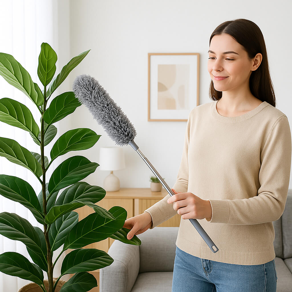 plante verte salon plumeau pour poussiere gris