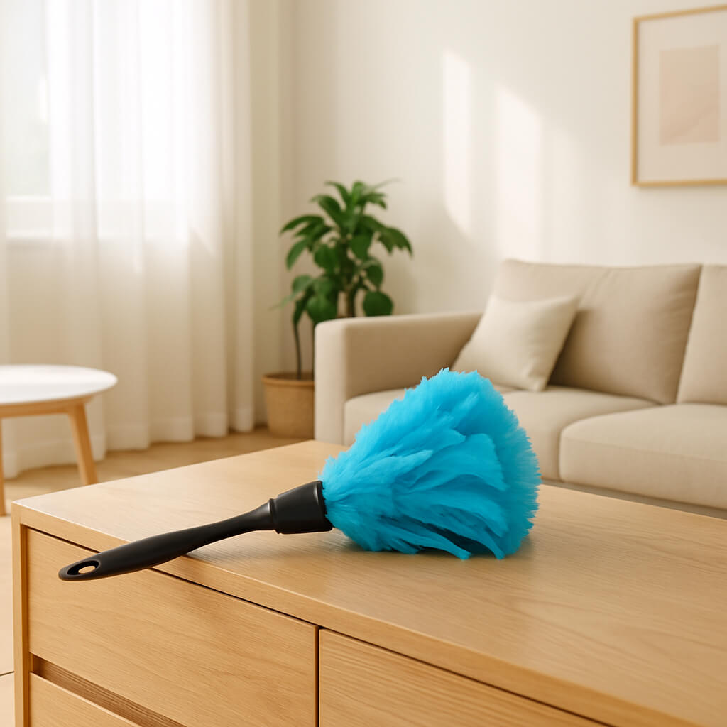 plumeau bleu naturel pose commode