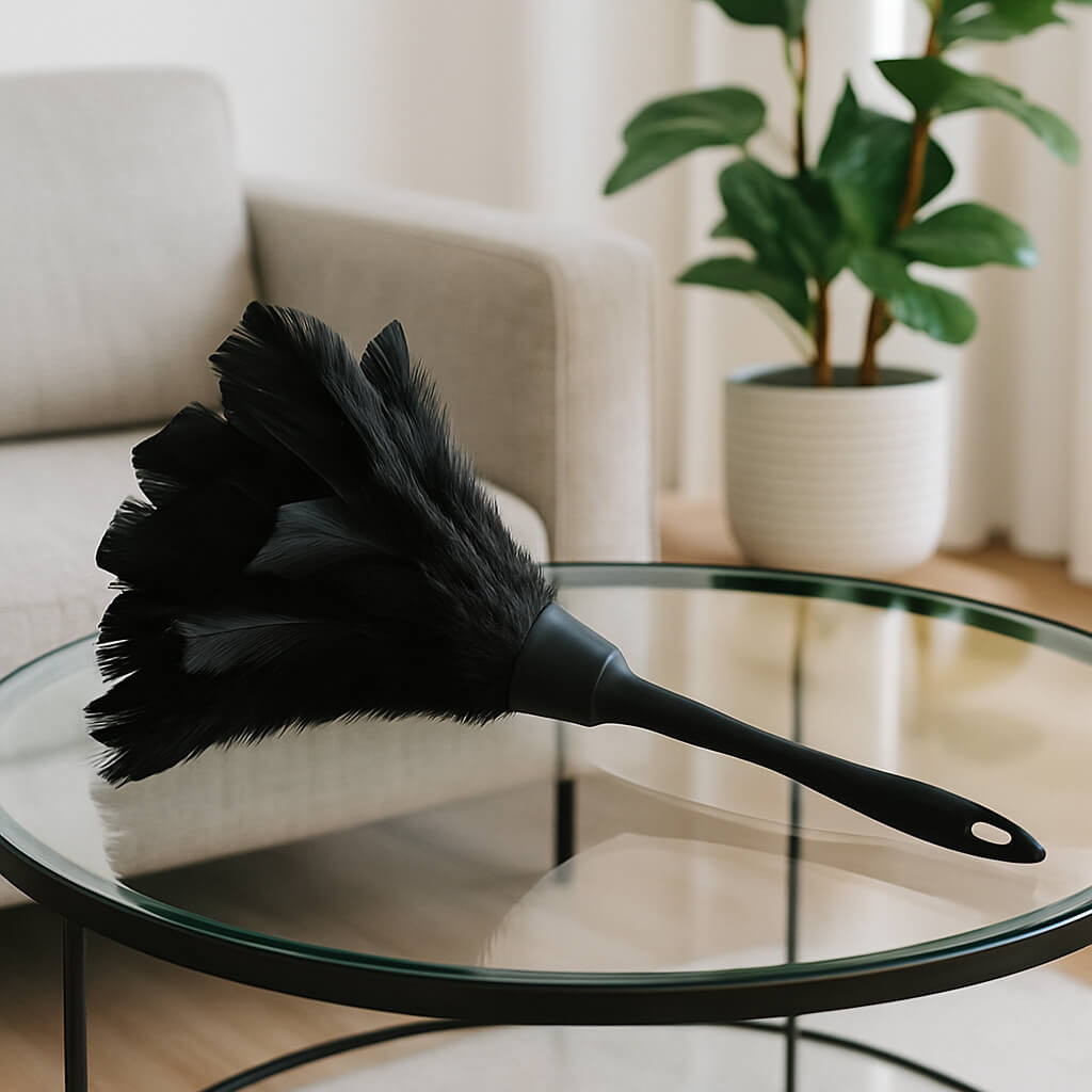 plumeau noir naturel pose table verre