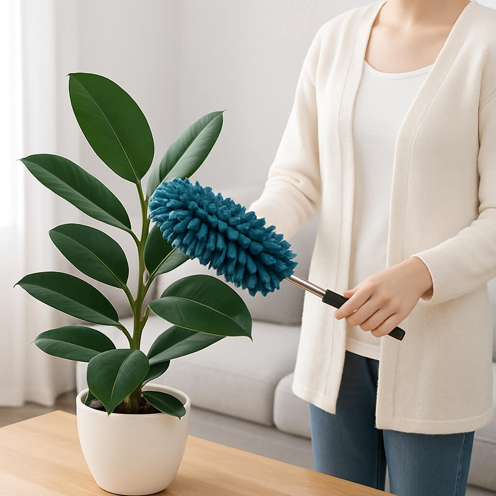 plumeau pour poussiere nettoyage plante verte salon