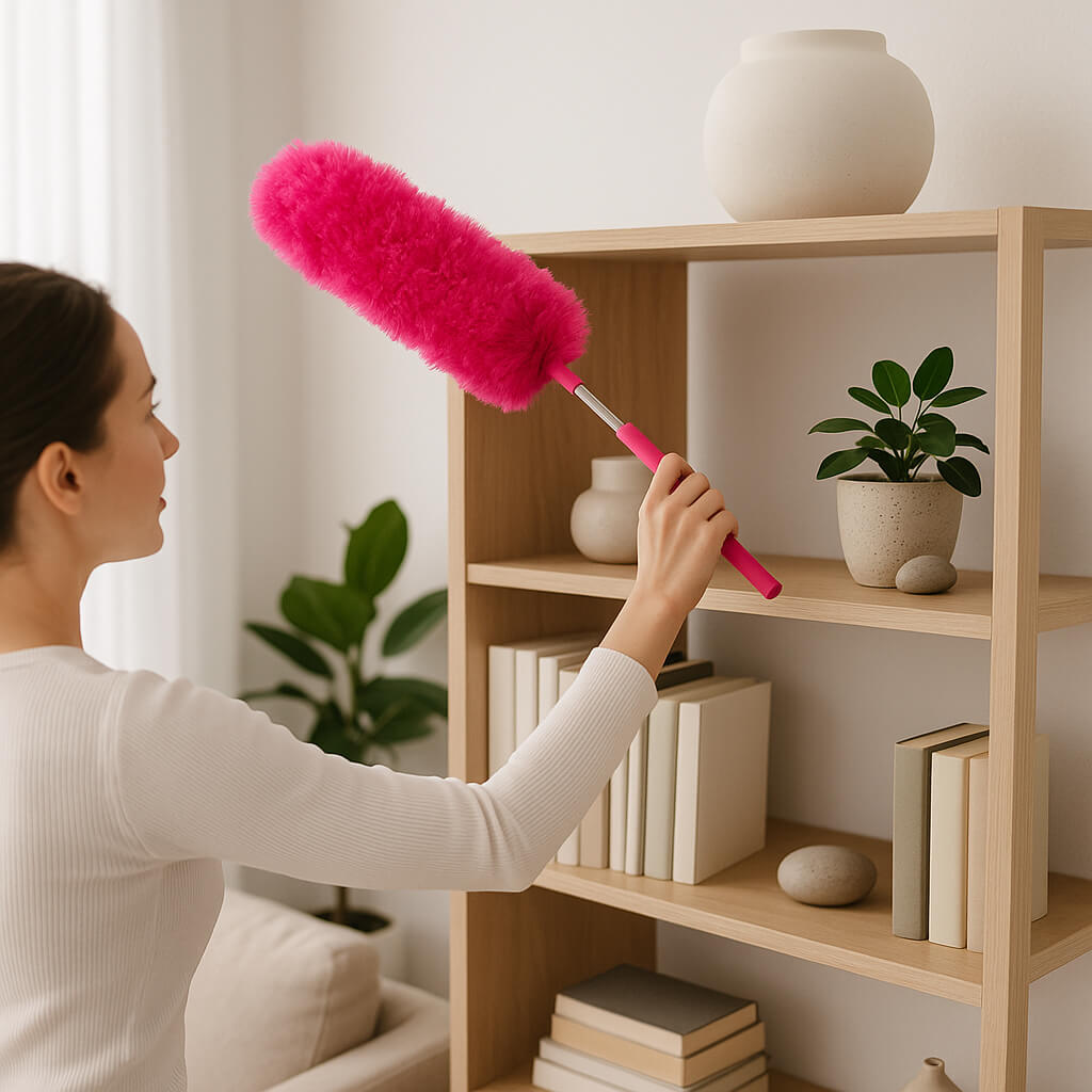 plumeau rose capte poussiere etagere femme