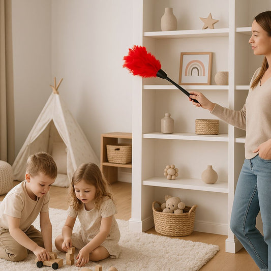 plumeau rouge naturel femme nettoie chambre enfants