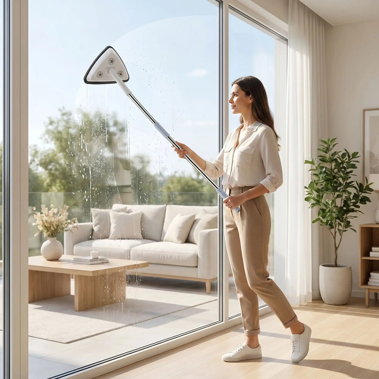 Femme nettoyant une grande baie vitree avec une raclette vitre extensible