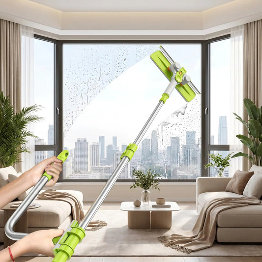 Raclette vitre telescopique nettoyant une grande baie vitree dans un salon moderne lumineux