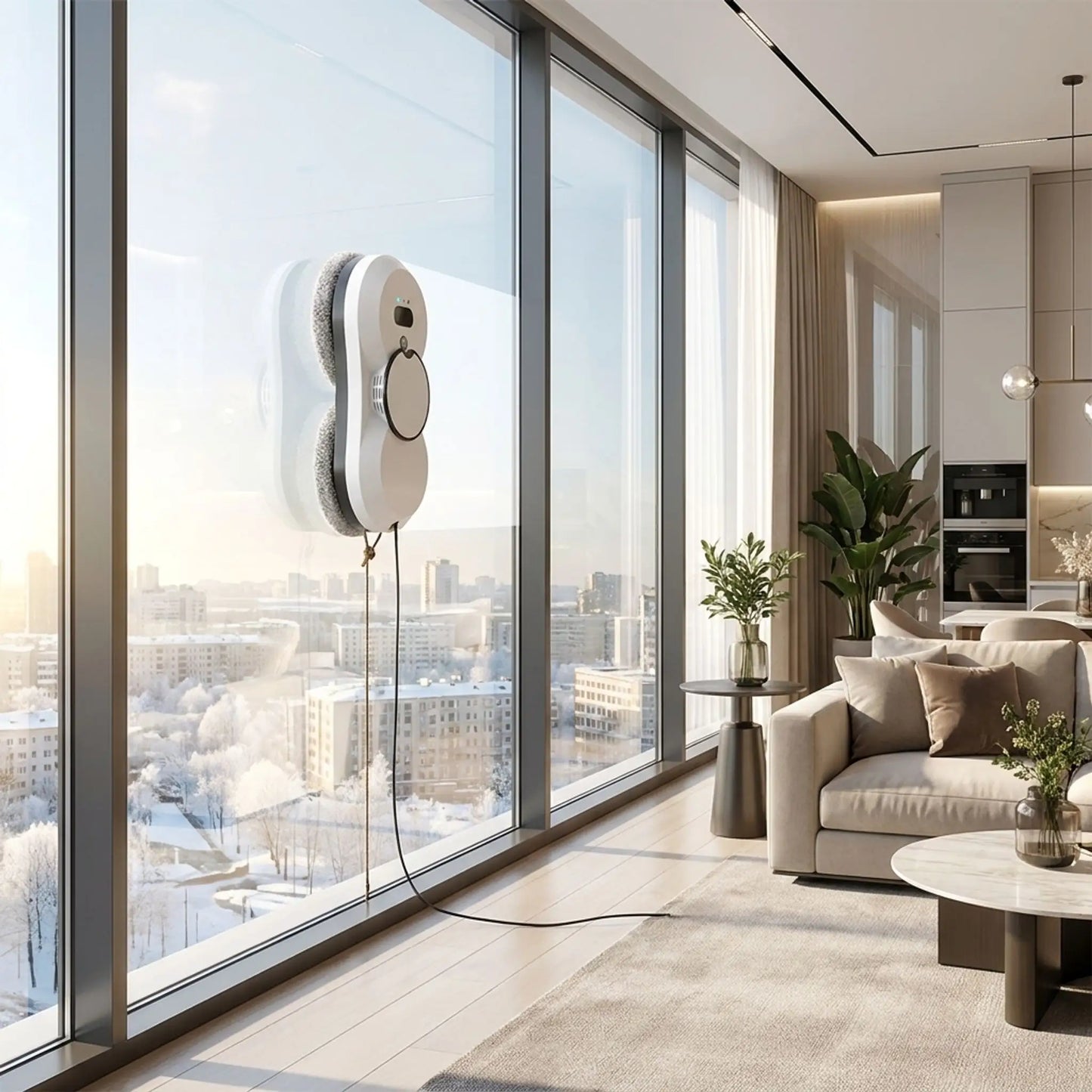 Robot lave-vitre automatique CrystalBot™ nettoyant une grande baie vitrée dans un salon moderne haut de gamme