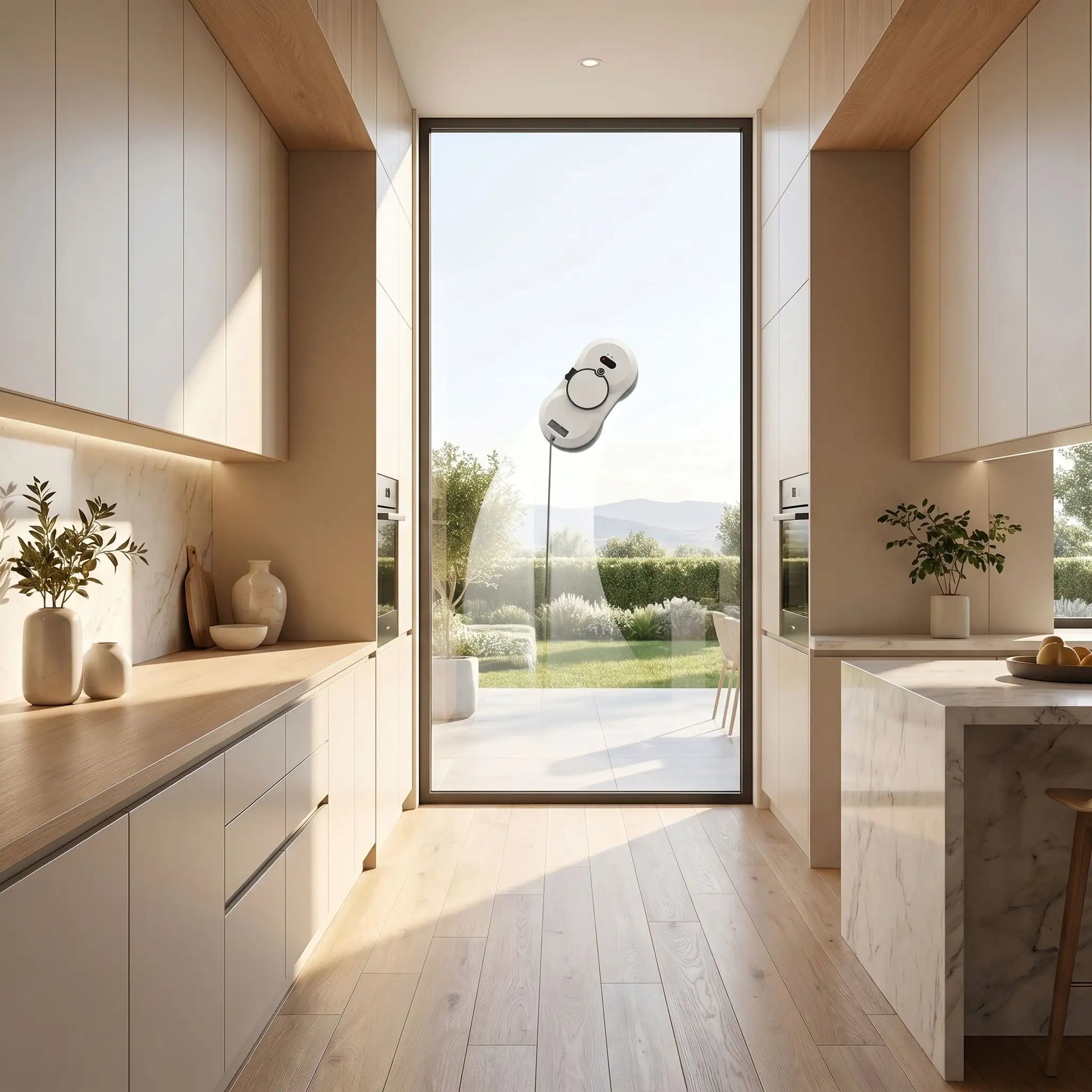 Robot lave-vitre automatique CrystalBot™ nettoyant une baie vitrée dans une cuisine moderne haut de gamme