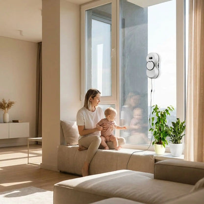 Robot lave-vitre automatique CrystalBot™ dans un salon moderne lumineux avec une maman et son bébé