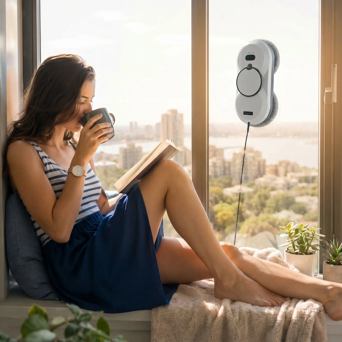 Femme profitant de son temps libre pendant que le robot lave vitre automatique CrystalBot™ nettoie une baie vitrée