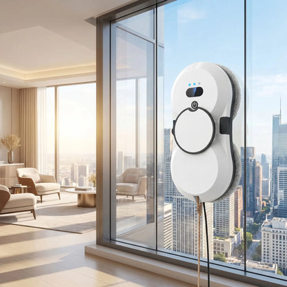 Robot lave-vitre automatique CrystalBot™ nettoyant une baie vitrée dans un appartement moderne lumineux