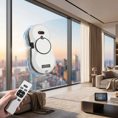 Robot lave-vitre automatique CrystalBot™ contrôlé avec une télécommande dans un appartement moderne