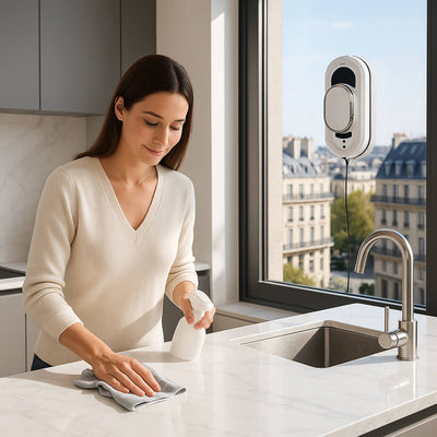 robot lave vitre femme nettoie cuisine