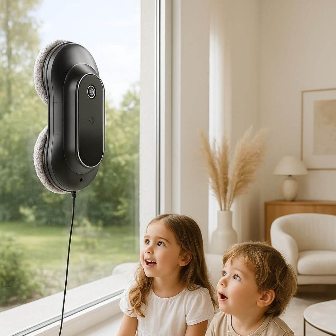 robot lave vitres enfants assis emerveille