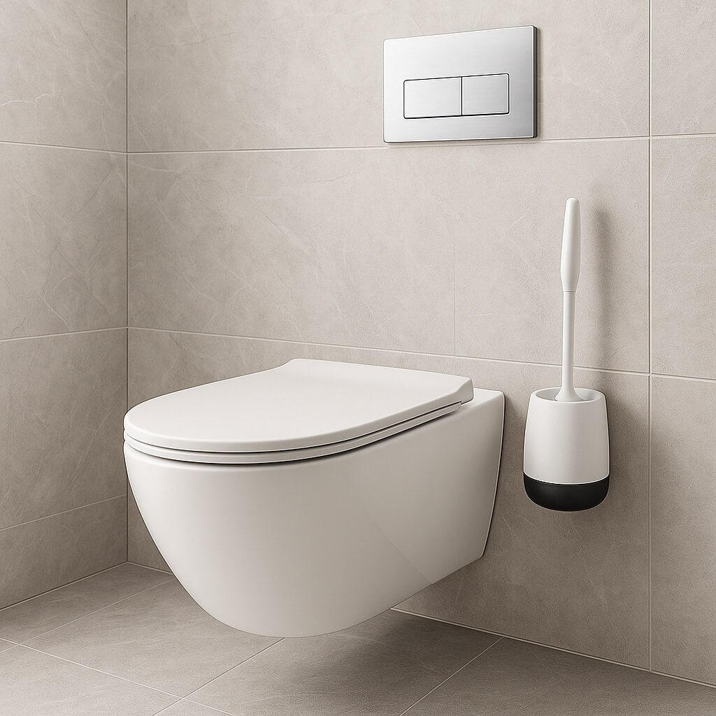 toilette brosse wc suspendu blanche socle gris fonce
