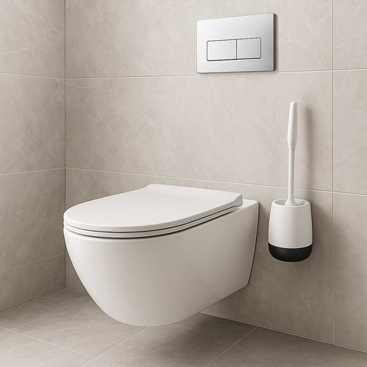toilette brosse wc suspendu blanche socle gris fonce